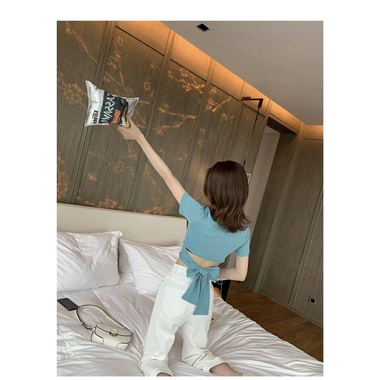 Áo Thun Crop Top Cổ Tròn Tay Ngắn Màu Trơn Thắt Nơ Sau Lưng Thời Trang Cho Nữ