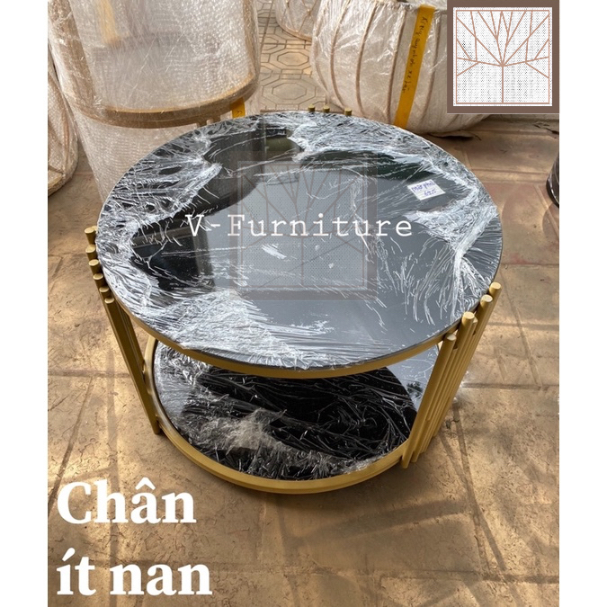 Bàn trà đơn Sofa phòng khách 2 mặt kính tròn chân kim loại sơn tĩnh điện kiểu cây sáo sang trọng hiện đại