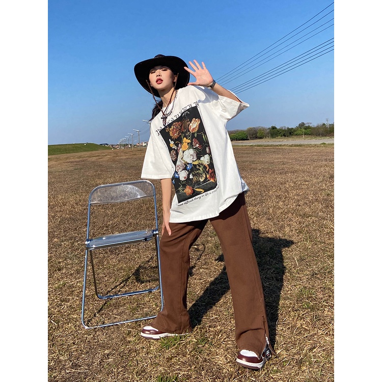 Porozi Áo thun  tay ngắn cổ tròn in họa tiết phong cách Hàn Quốc thời trang dành cho nữ