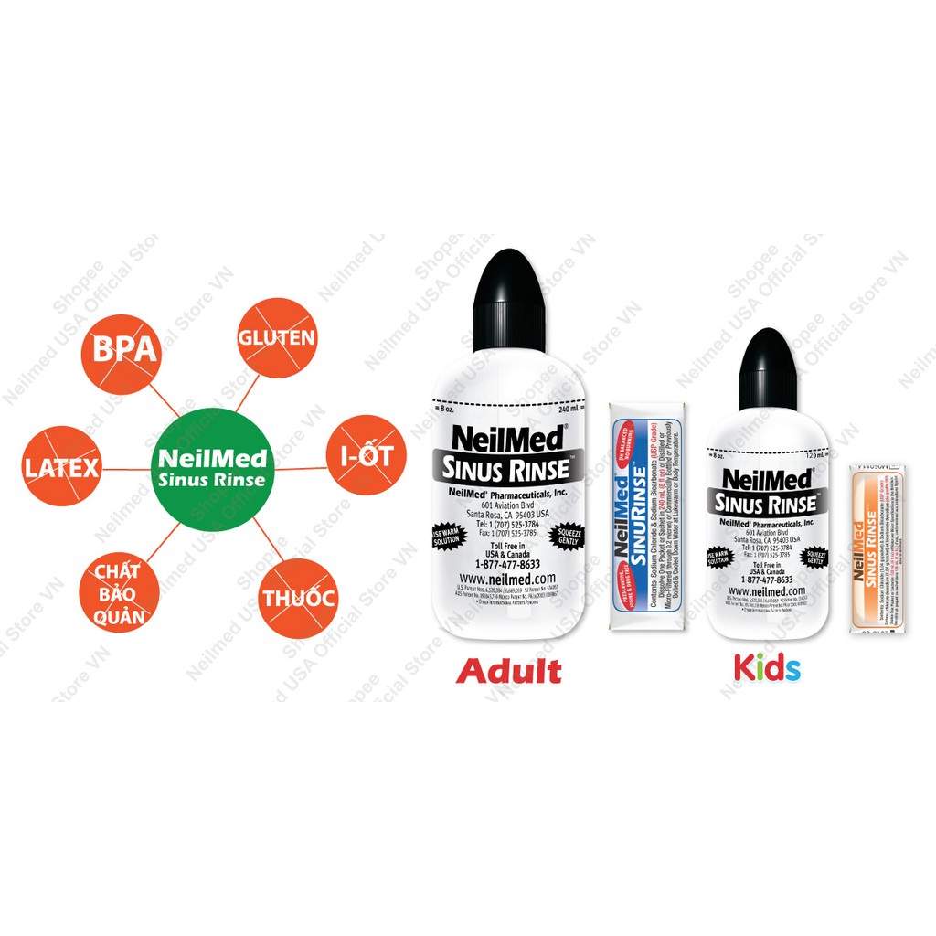 Combo Baby SinusCare: Bộ Rửa Mũi Xoang Trẻ Em NeilMed Sinus Rinse Kids - SX Mỹ(1 Bình + 30 gói muối và Hộp 120 gói muối)