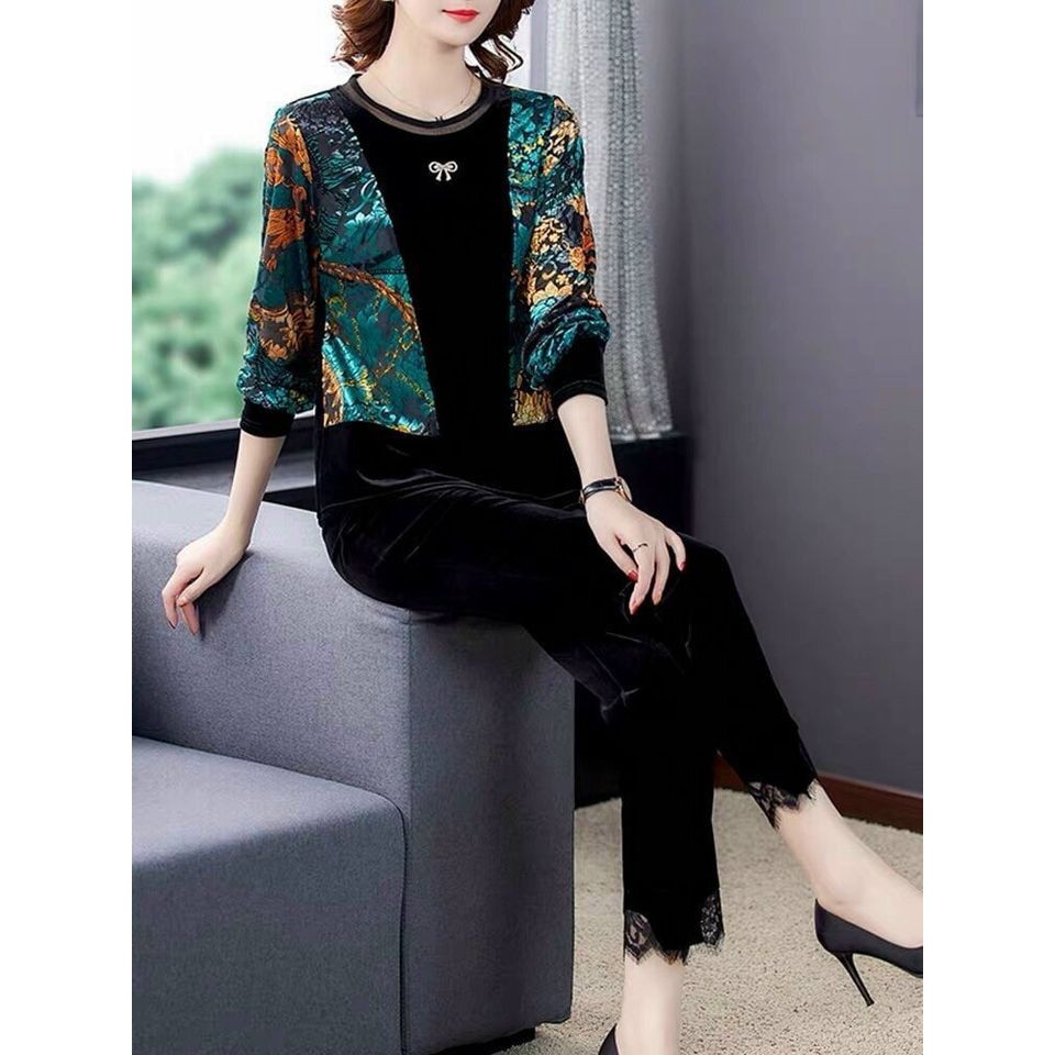 SET BỘ NHUNG ÁO PHỐI HOA VĂN + QUẦN LAI REN CAO CẤP - MH579415 - HÀNG QUẢNG CHÂU