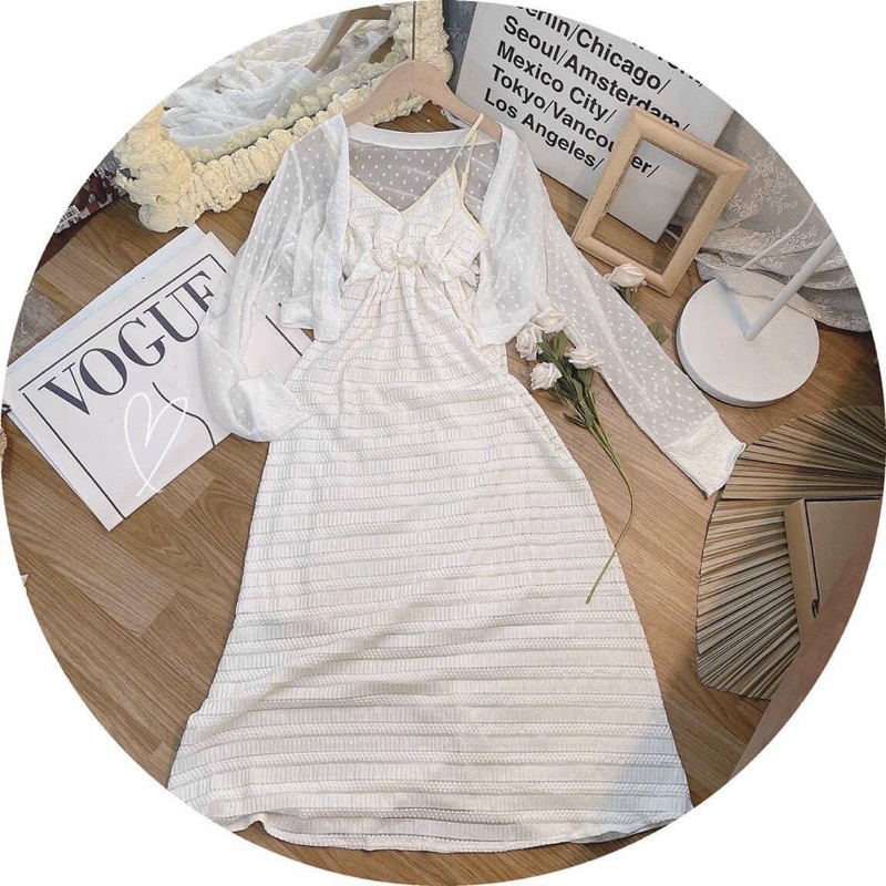 SET ĐẦM 2 DÂY BO EO MIDI KEM + ÁO KHOÁC MỎNG BI NỔI