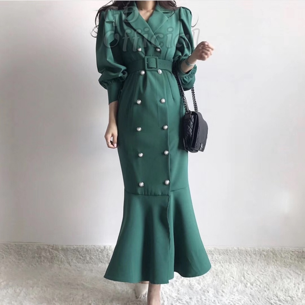 D34|Đầm nữ công sở cổ vest chữ V tay phồng kèm thắt lưng buộc eo dài dáng đuôi cá cổ điển màu xanh, tím, đen GD Official