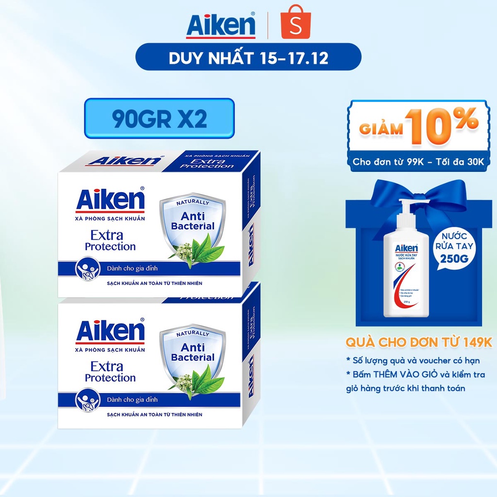 Aiken Combo 2 Xà Phòng Sạch Khuẩn Chiết Xuất Trà Xanh Thiên Nhiên 90G/hộp