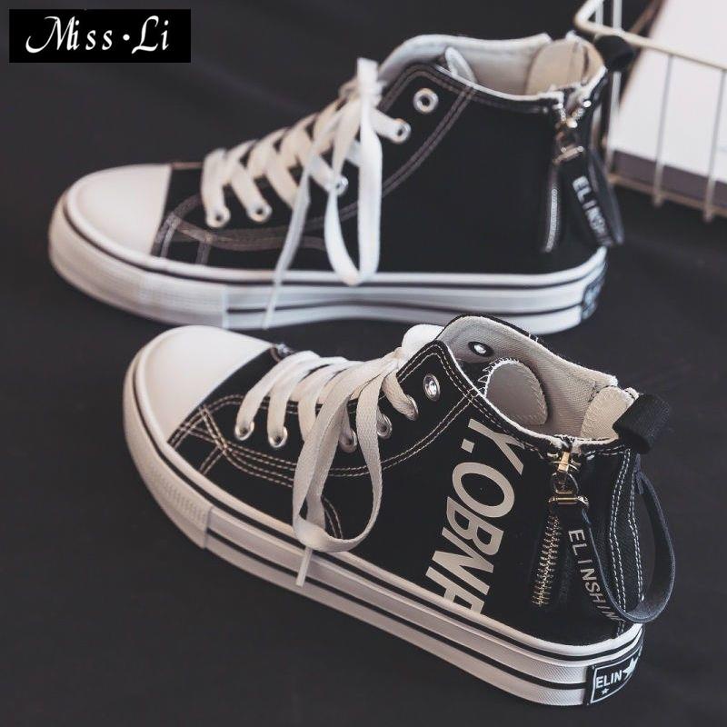Giày Thể Thao Canvas Cổ Cao Có Khóa Kéo Bên Hông Phong Cách Đường Phố Hàn Quốc Mới Dễ Phối Đồ Cho Nữ Sinh
