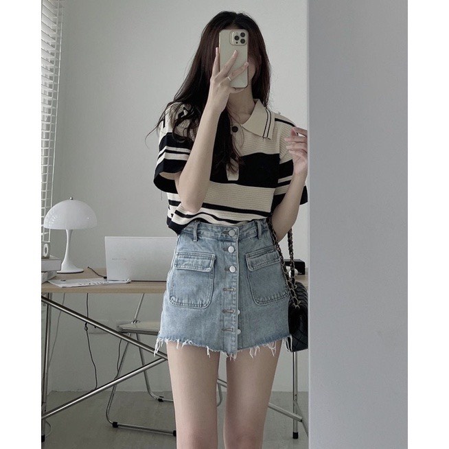 [SẴN/VIDEO] ÁO LEN KẺ SỌC CỔ ĐỨC CỘC TAY HÌNH BÒ SỮA HÀNG QUẢNG CHÂU LOẠI 1