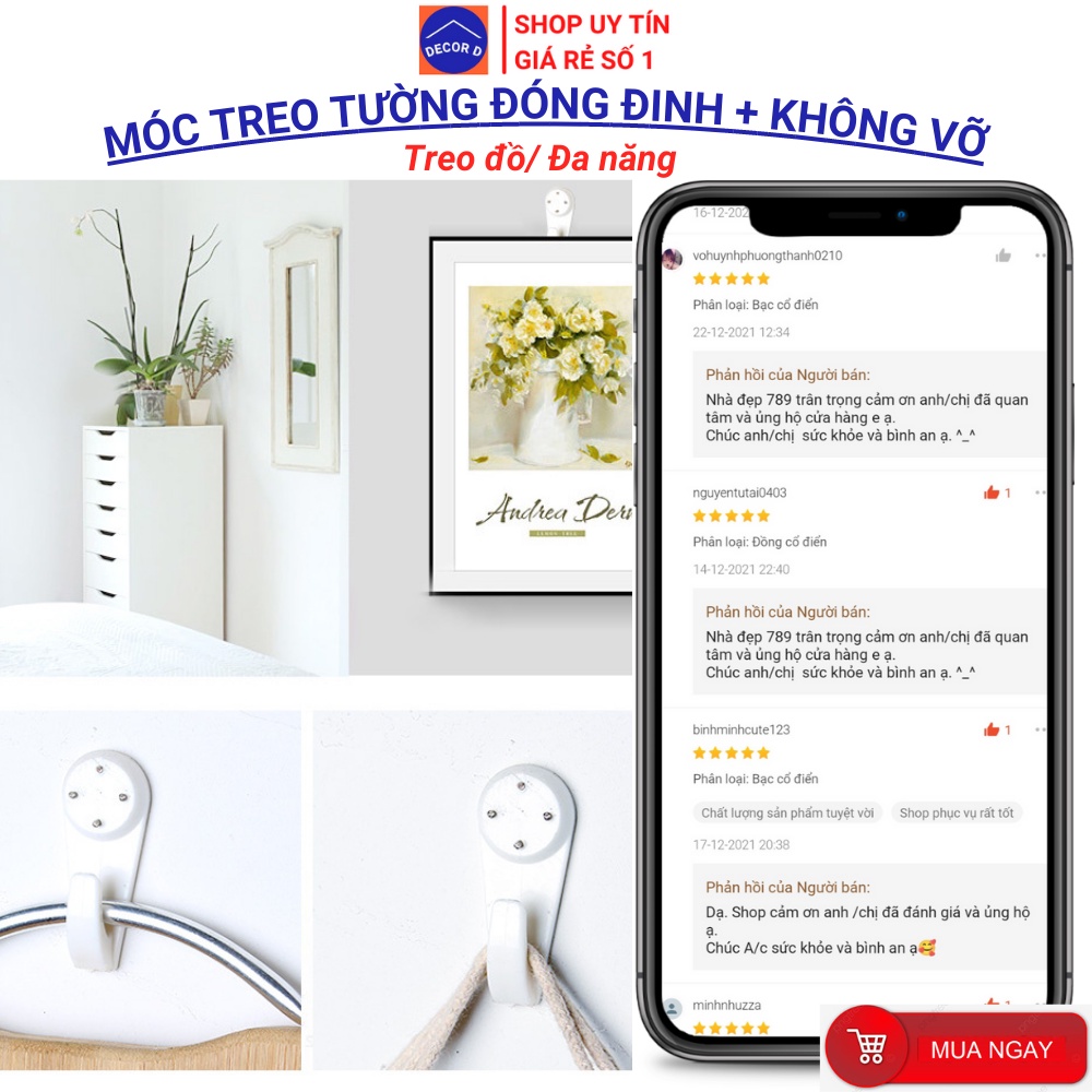 Móc đinh đóng tường treo vật dụng, treo đồ không cần khoan, đóng không vỡ tường
