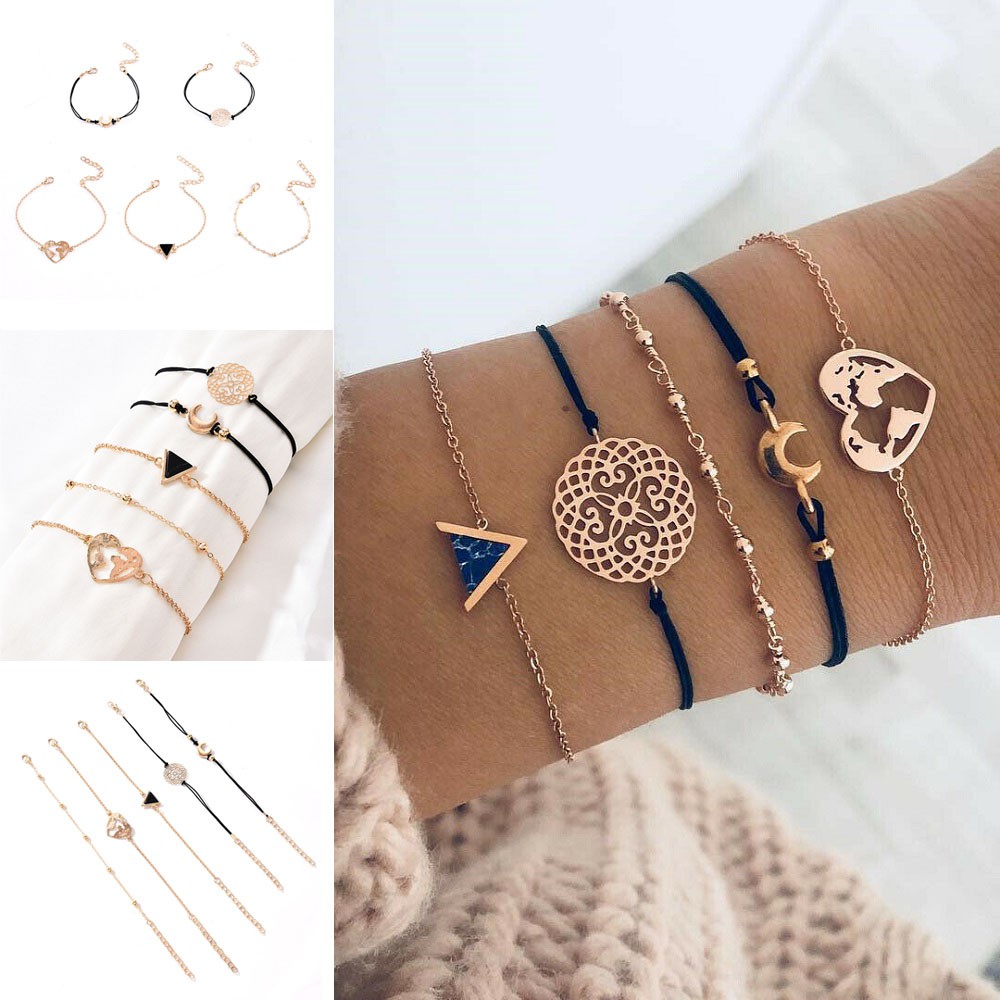 Bộ 5 vòng tay chuỗi hạt mặt trăng và trái tim phong cách Boho thời trang cho nữ