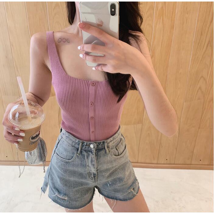 Áo không tay dệt kim thiết kế cổ vuông quyến rũ | BigBuy360 - bigbuy360.vn