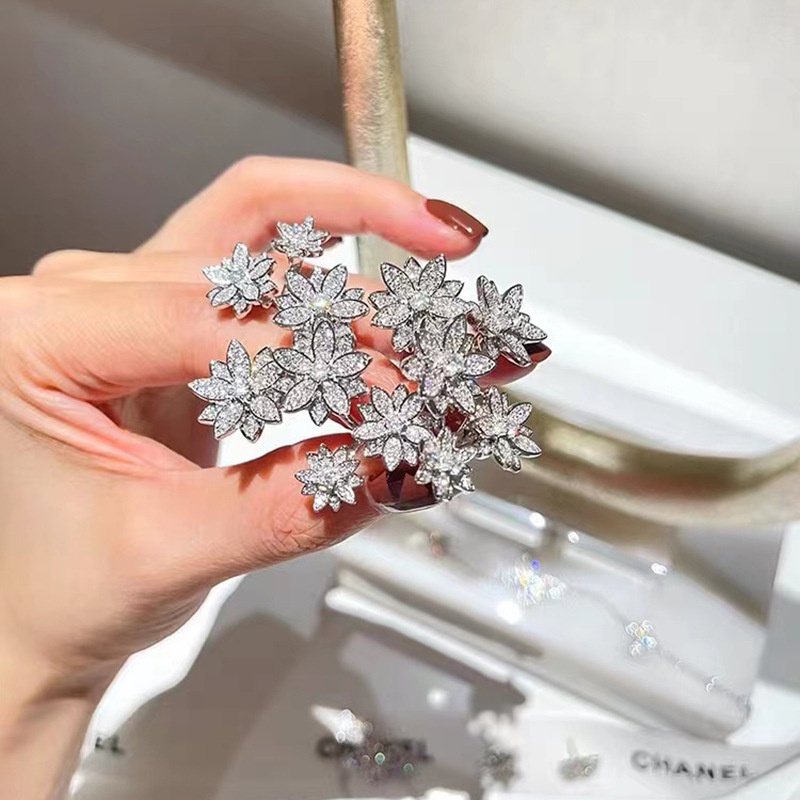 Nhẫn hở hình búp / cánh hoa đính đá kim cương lấp lánh thời trang thanh lịch cao cấp cho nữ