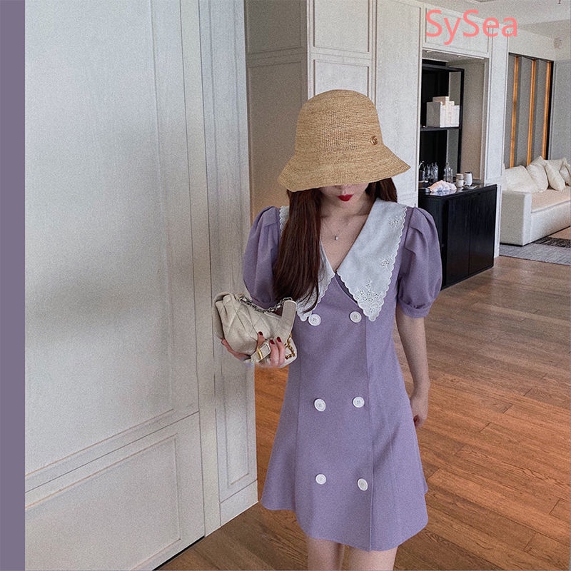 [Code CBS1403B 10% refund up to 30K single 200K coins] Women's Purple Short Sleeve Dress Summer Student Midi Dress
