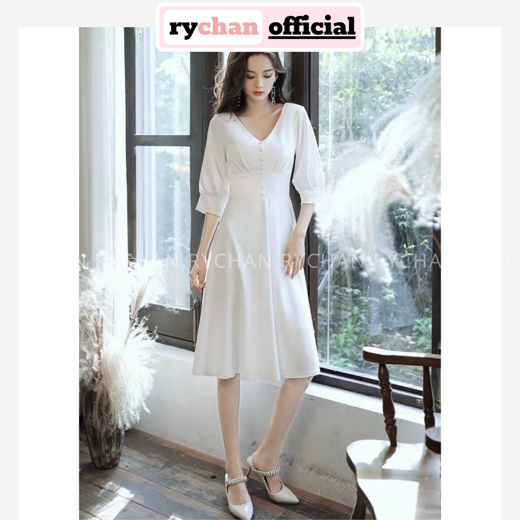 Đầm Xòe Midi Trắng Tay Lỡ Nút Bọc Lót Trong Dày Dặn [Ảnh Thật Cuối] - DX9999