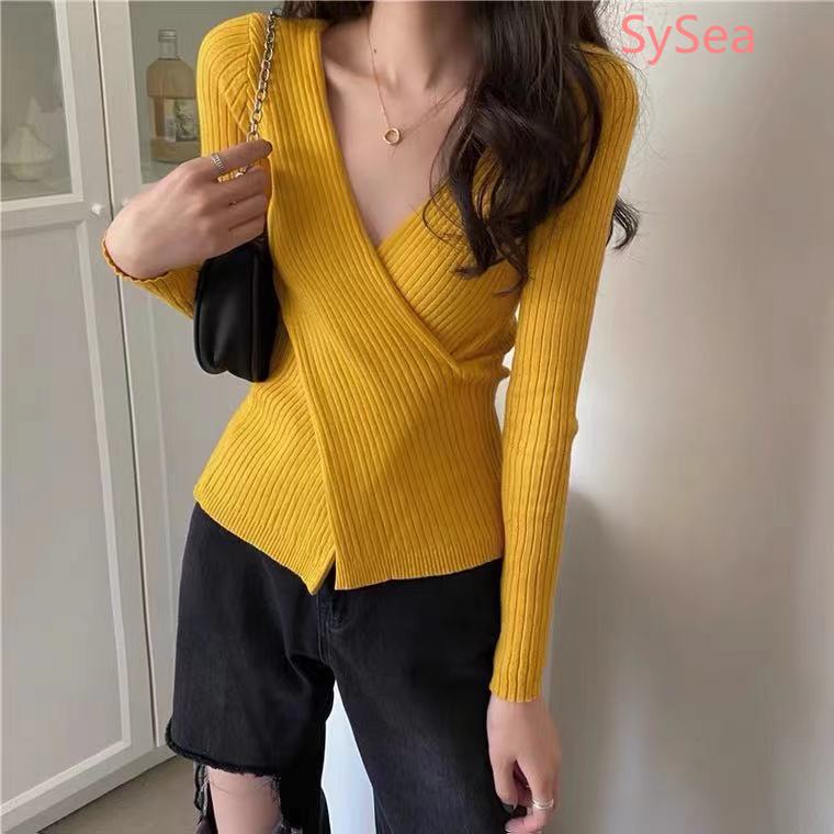 Áo sweater dệt kim tay dài cổ chữ V thời trang dành cho nữ