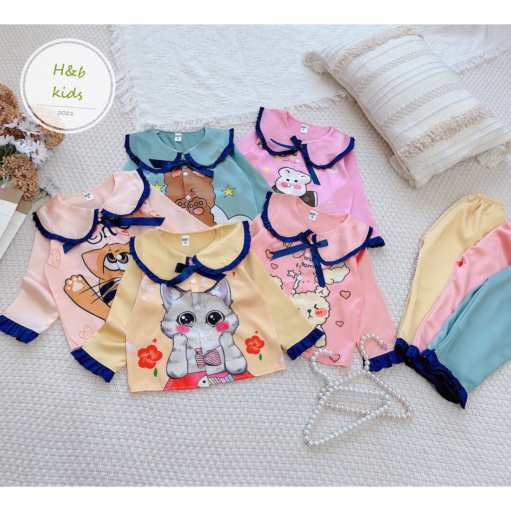 Bộ Ngủ Pijama Dài Tay Bé Gái Chất Lụa Satin Cao Cấp Hoạt Hình Dễ Thương, Bộ Dài Tay Bé Gái Mặc Nhà Namkidshop (V449)