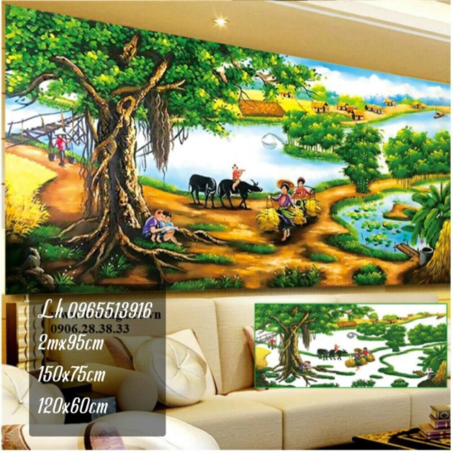 Tranh đính đá phong cảnh làng quê tuyệt đẹp 120x60cm