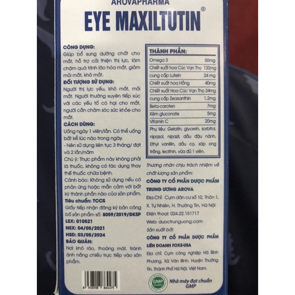 Viên bổ mắt eye maxiltutin- Sáng mắt, Hỗ trợ cải thiện thị lực