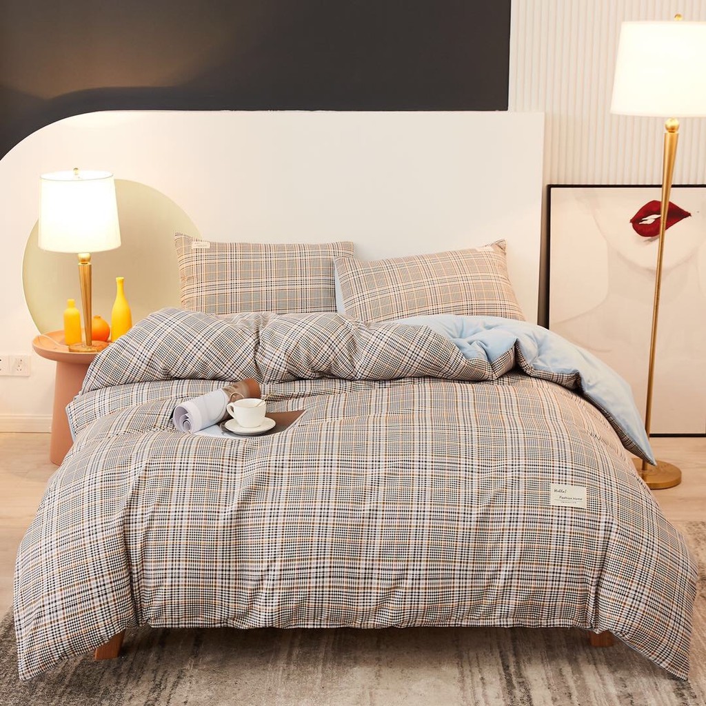 Bộ cotton Tici - Kẻ phối chăn ga (Cotton đũi cao cấp)