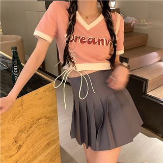 Woman V-neck print drawstring T-shirt crop top 42682