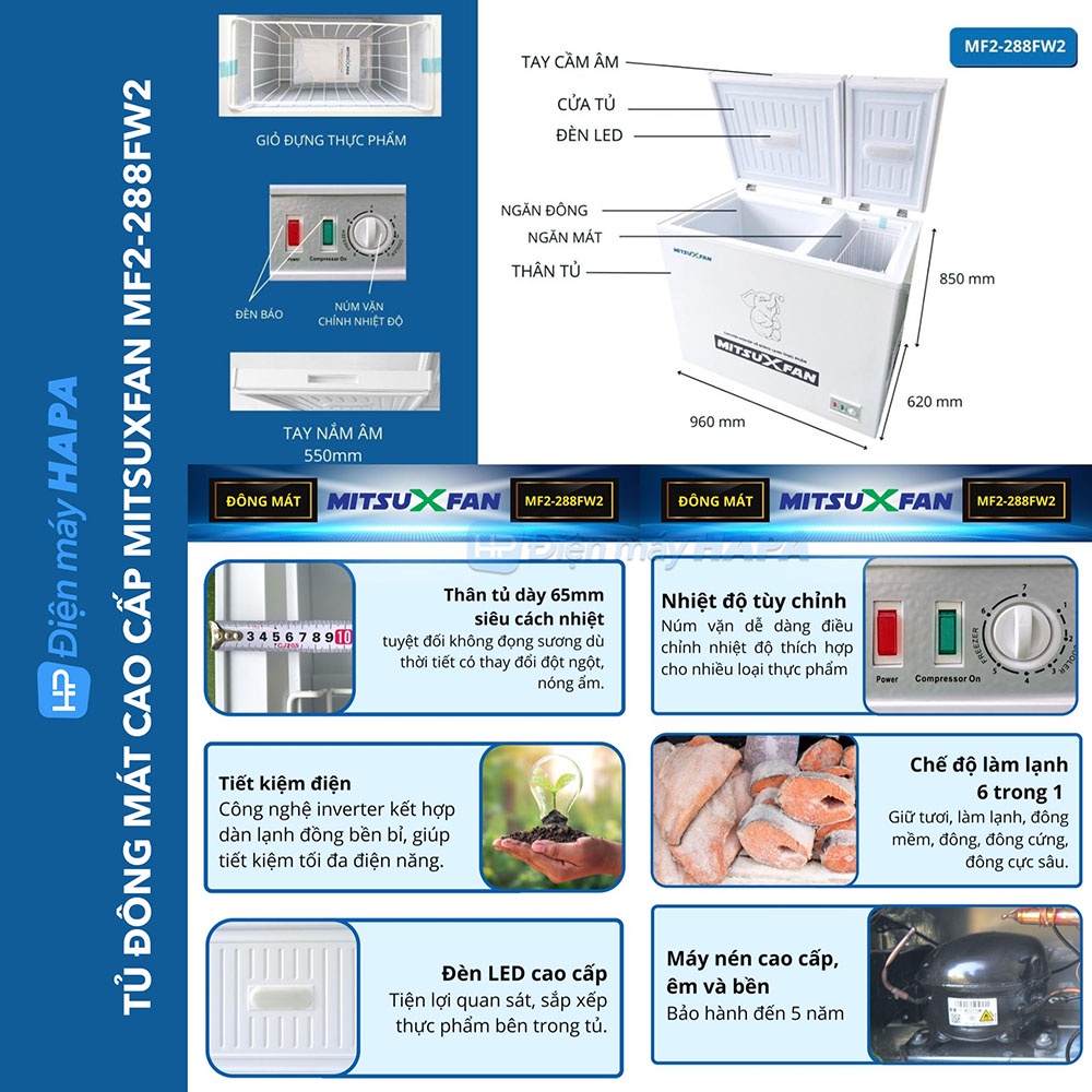 Tủ Đông+Mát Cao Cấp MITSUXFAN MF2-288FW2 02 Ngăn, Inverter Tiết Kiệm Điện, Tiêu Chuẩn Châu Âu - Hàng Chính Hãng