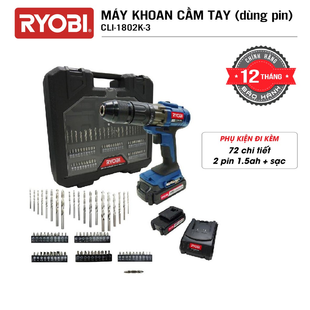 Máy khoan tường, gỗ, sắt cầm tay đa năng dùng pin RYOBI (KYOCERA) - CLI-1802K