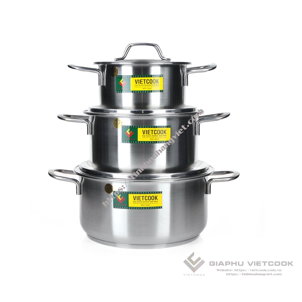 BỘ NỒI INOX 3 ĐÁY QUAI ĐŨA NẮP INOX VIETCOOK - V03 gốm 3 nồi 16cm, 20cm, 24cm đáy từ.