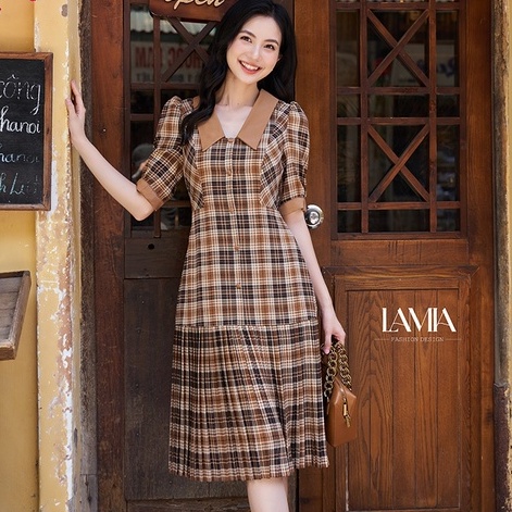Đầm nữ hè Lamia Design LD101 màu nâu kẻ caro