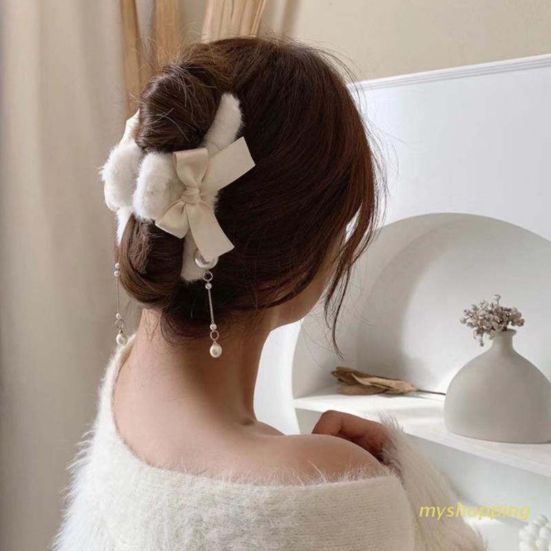 Kẹp tóc đính ngọc trai và bóng lông dễ thương xinh xắn cho nữ
