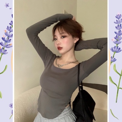 Áo croptop ôm dài tay trơn khoét eo co giãn kèm ảnh thật Famos