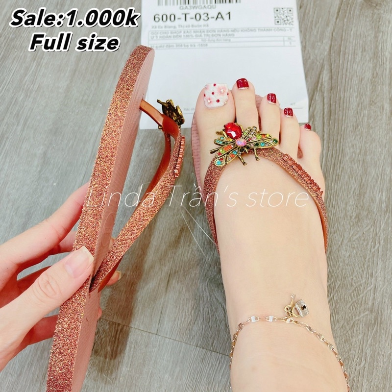 dép HVN kim tuyến viền hồng ruốc mix charm nhện đỏ