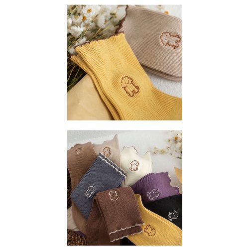 Tất nữ cổ cao thêu hình cún nhún cổ bèo vớ Vintage đủ màu hình chú chó M002