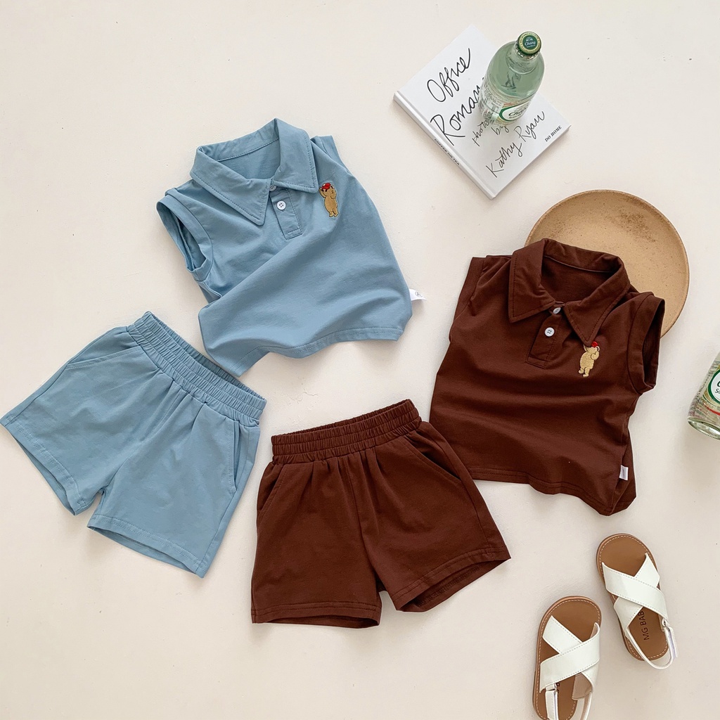 Set Đồ Đánh Golf Gồm Áo Polo Không Tay Họa Tiết Gấu + Quần Short Thời Trang Mùa Hè Cho Bé