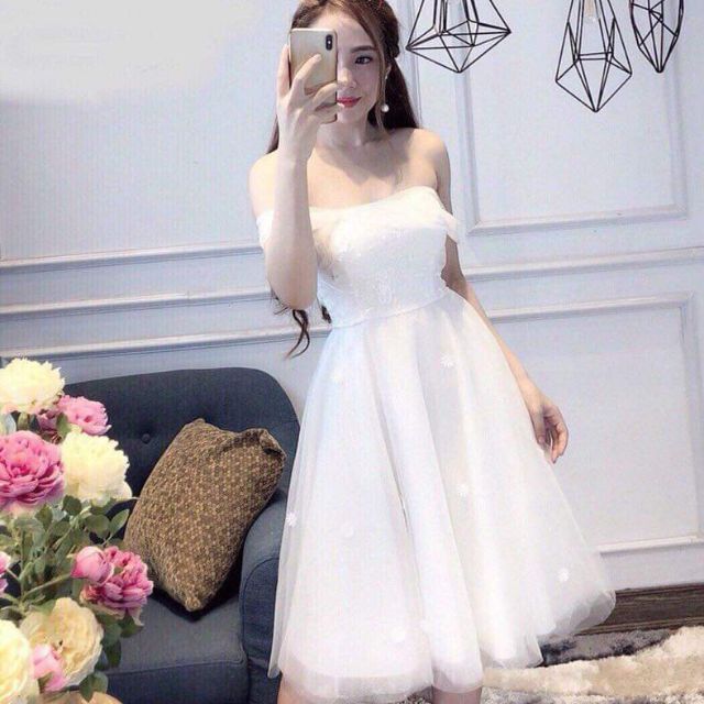 Đầm Váy Dạ Tiệc Kiểu Trễ Vai Lưới Đính Hoa Cao Cấp