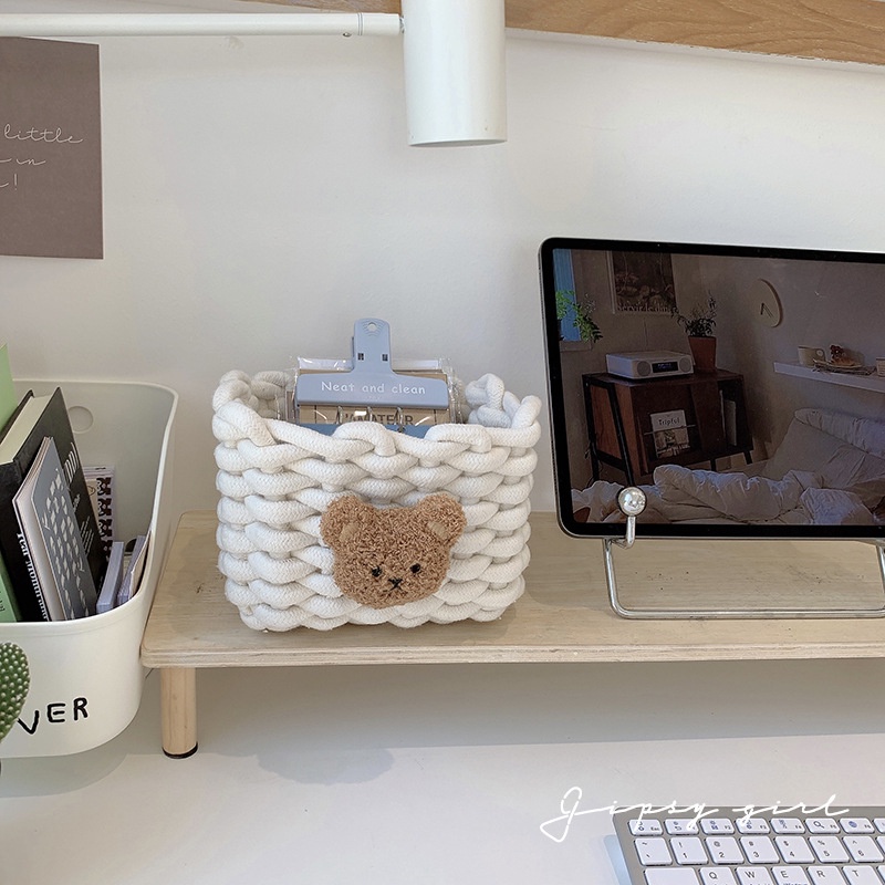 Giỏ Đựng Đồ Ăn Vặt / Đồ Dùng Bằng Cotton Lanh Dệt Tay Hình Gấu Dễ Thương Tiện Dụng