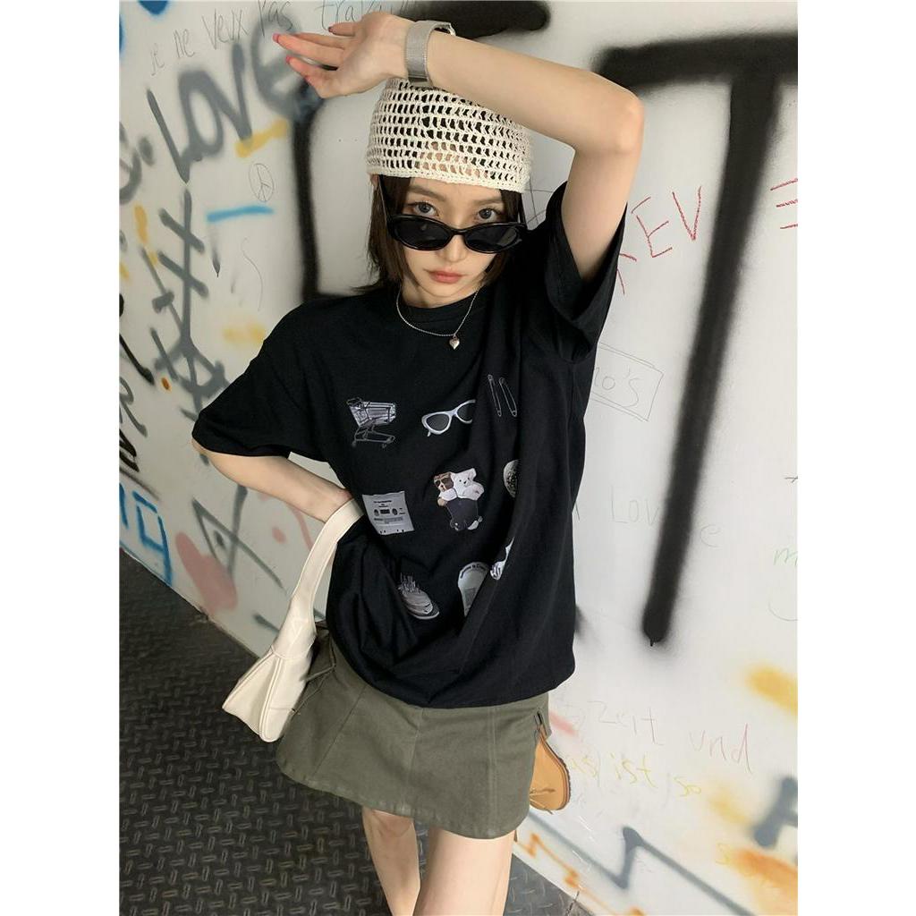 Áo thun Peppermint dáng rộng tay ngắn in hình phong cách retro Hàn Quốc thời trang mùa hè năng động cho nữ 52302