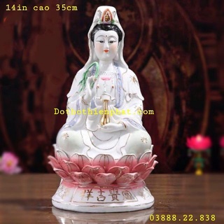 Tượng Quan Âm Sứ tòa sen hồng 14in cao 35cm