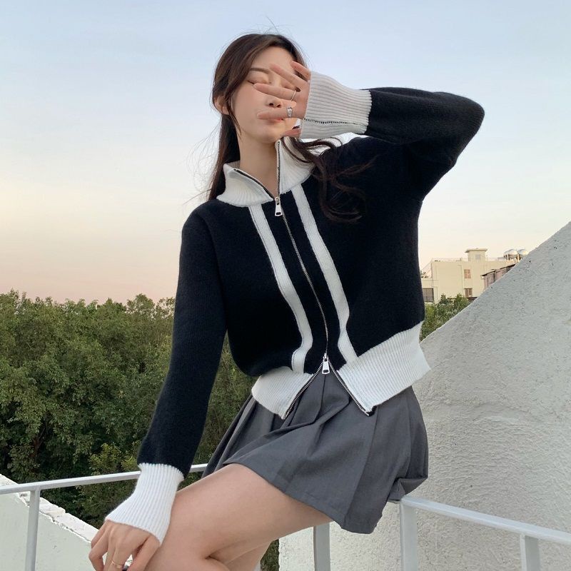 COZOK Áo Khoác cardigan Dệt Kim Tay Dài Cổ Cao Màu Sắc Tương Phản Có Khóa Kéo Thời Trang