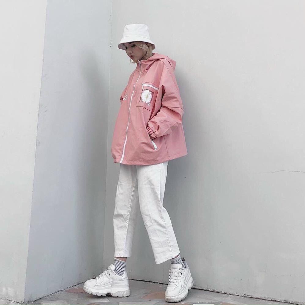 Áo khoác dù in hình hoa cúc SAVA dành cho nam cho nữ có mũ, jacket form rộng có 2 màu unisex ulzzang XUKA SHOP