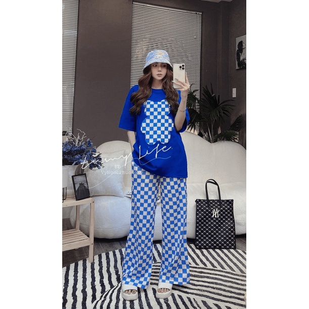 SÉT BỘ NỮ QUẦN DÀI ỐNG RỘNG CARO CHÚ GẤU NHIỀU MÀU SIU HOT MMF