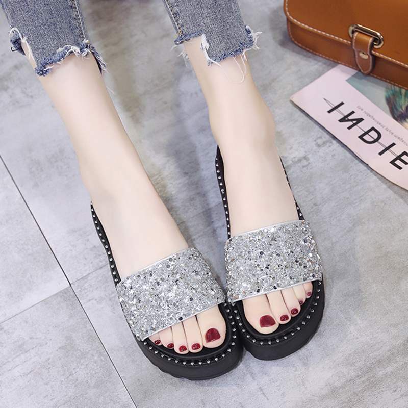 Dép Nữ Đế Xuồng Cao Gót Quai Ngang Đính Cườm Cao 7Cm