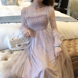 Đầm Midi Nữ Tay Dài Đính Kim Sa Lấp Lánh Thời Trang Mùa Thu 2020