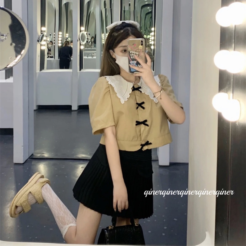 Hormones Cổ Điển Tay Áo Phồng Phong Cách Hàn Quốc babydoll Crop Top