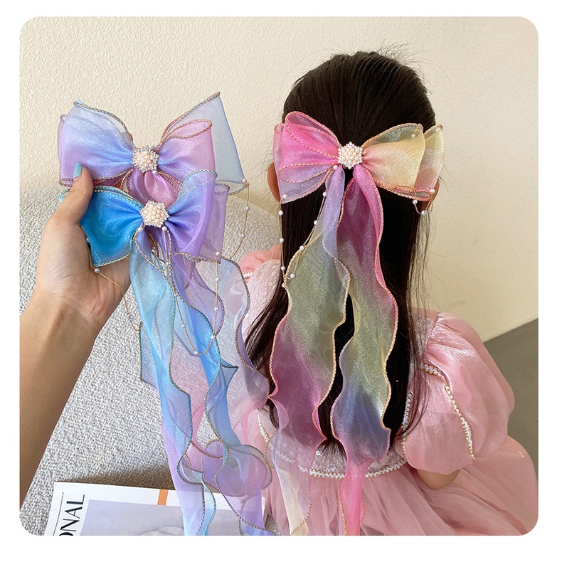 Kẹp Nơ Trẻ Em|Phụ Kiện Tóc Lưới Đính Ngọc Trai Nhân Tạo Màu Gradient Dành Cho Bé Gái