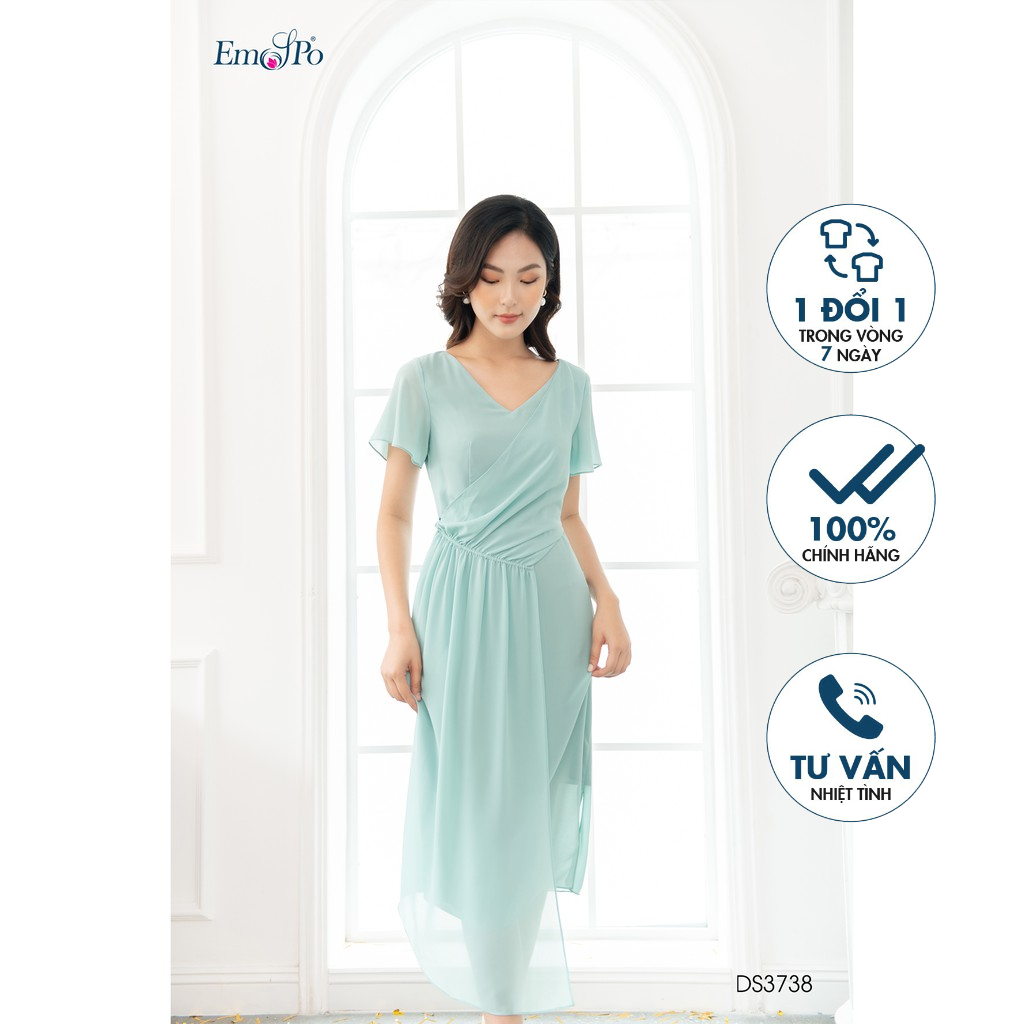 Đầm ôm cổ tim, tà bong rúm ly Emspo DS3738 (Xanh, Nâu)