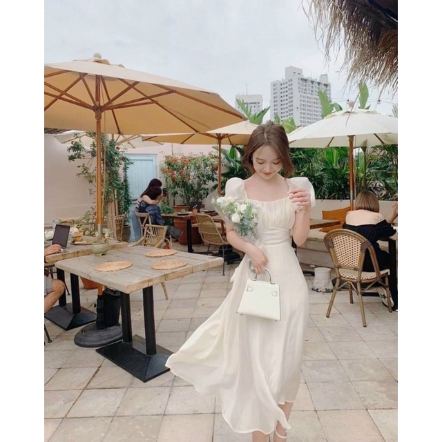 Đầm tiểu thư voan tơ nơ lưng tay phồng xinh xắn
