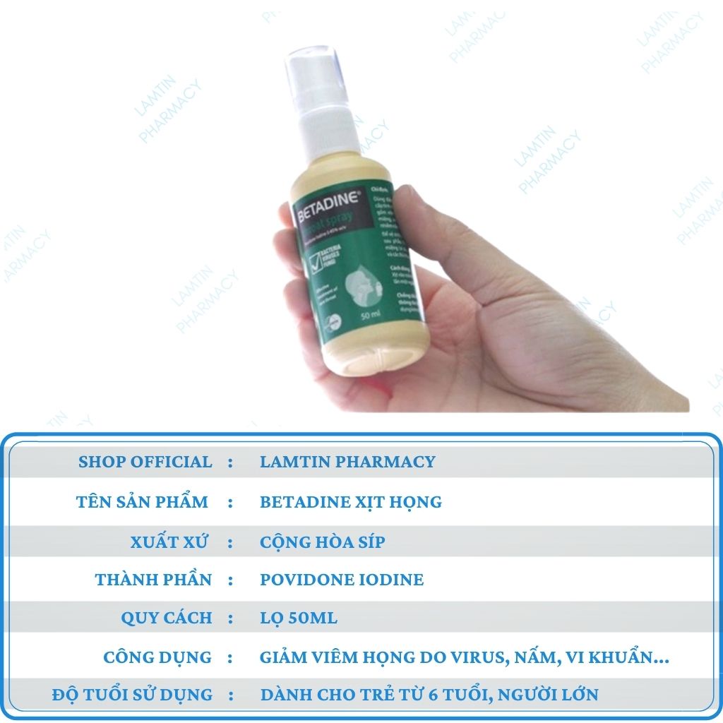 BETADINE xịt họng Throat Spray hỗ trợ viêm họng do nấm, vi khuẩn lọ 50ml