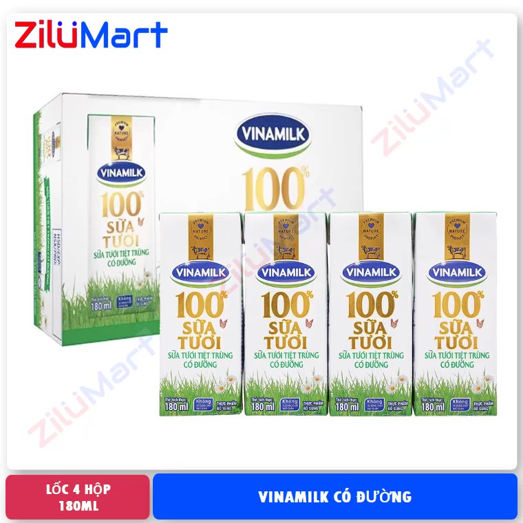 Lốc 4 hộp sữa Vinamilk có đường loại 180ml