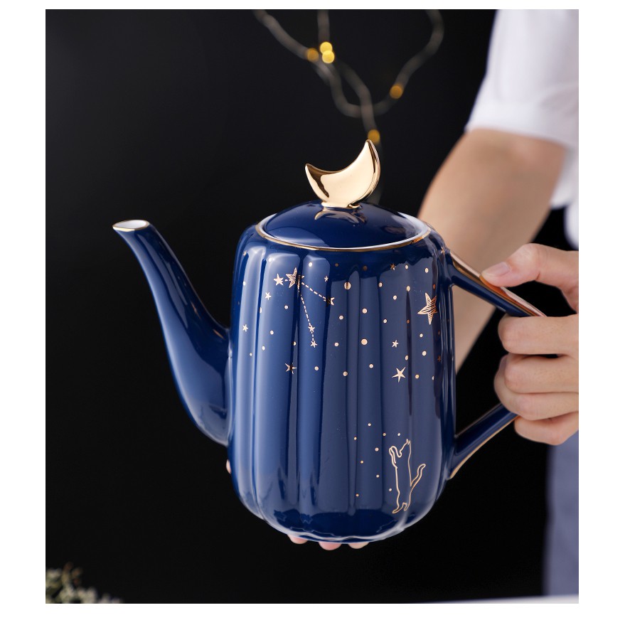 (SẴN) Bộ bình cốc sứ kèm khay họa tiết Trăng Sao - Bình trà phong cách Bắc Âu