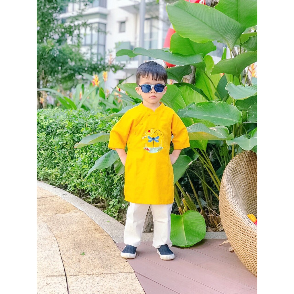 Áo Dài Trẻ Em Linen Vàng Thêu Chuồn Chuồn