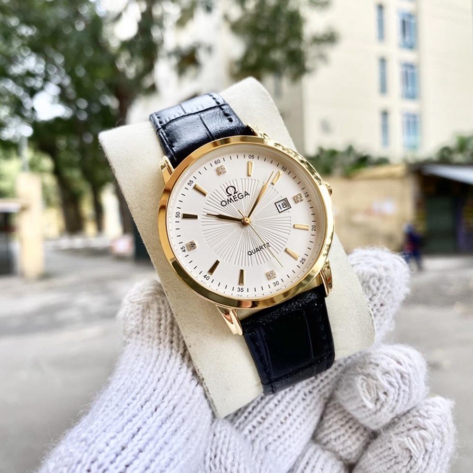 Đồng hồ Nam omega OM156, 3 kime, dây da mềm, thời trang cao cấp, phụ kiện, đính kim cương.