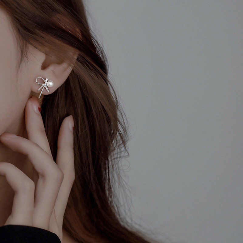 Bông tai ngọc trai thời trang nữ cao cấp hàn quốc nơ bông tai rhinestone